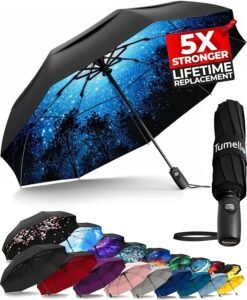 TUMELLA Strongest Windproof Travel Umbrella — The Tiny “Nope” Button for Sideways Rain